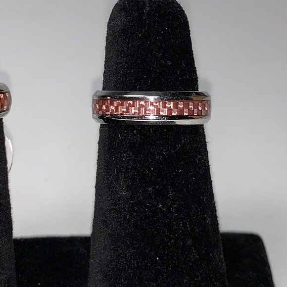 Stainless Steel Pink Carbon Fiber Inlay Band Ring, Size 8 - Picture 1 of 14